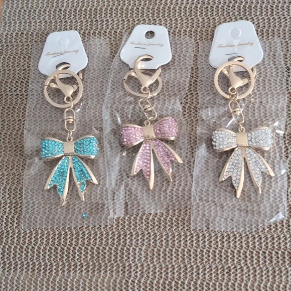Pick Ur Color Gold Bow Keychain w/Rhinestone Crystals New - Picture 3 of 6